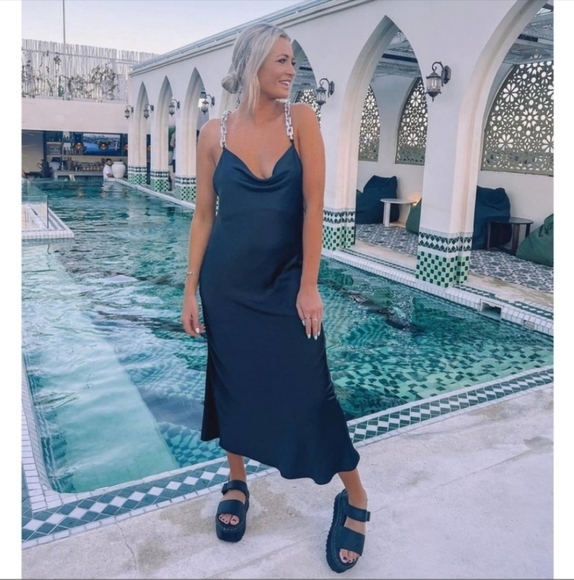 Zara * Chain Strap Satin Effect Slip Midi Dress Black - Picture 11 of 16